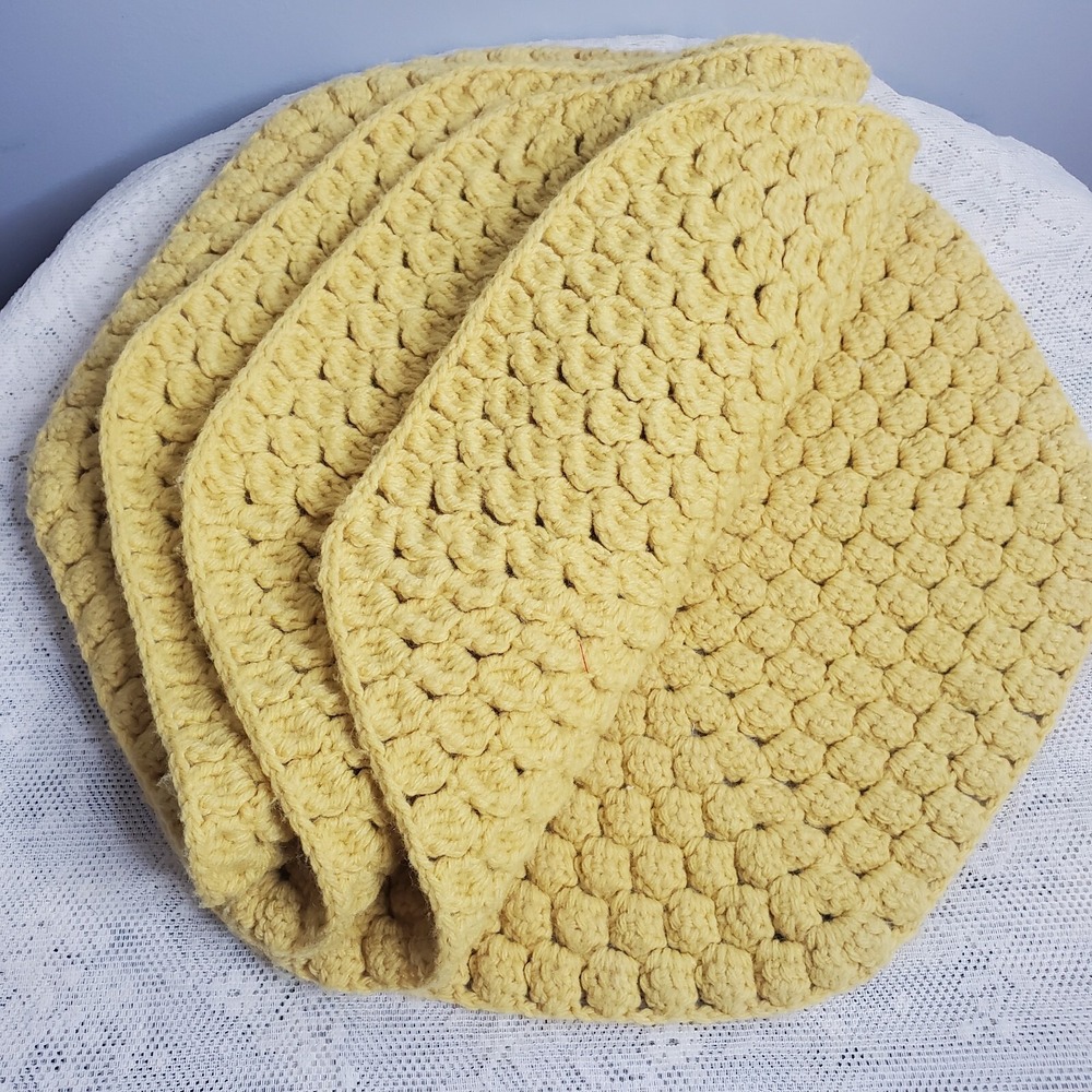 Vintage Crochet Yarn Placemats Harvest Gold‎ Set Of 4 Handmade Hexagon Shape